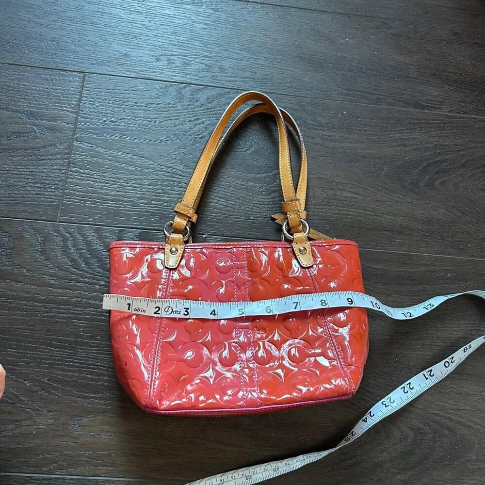 Coach Peyton Signature Embossed Patent Leather mini Tote. vibrant coral glossy - Picture 5 of 8